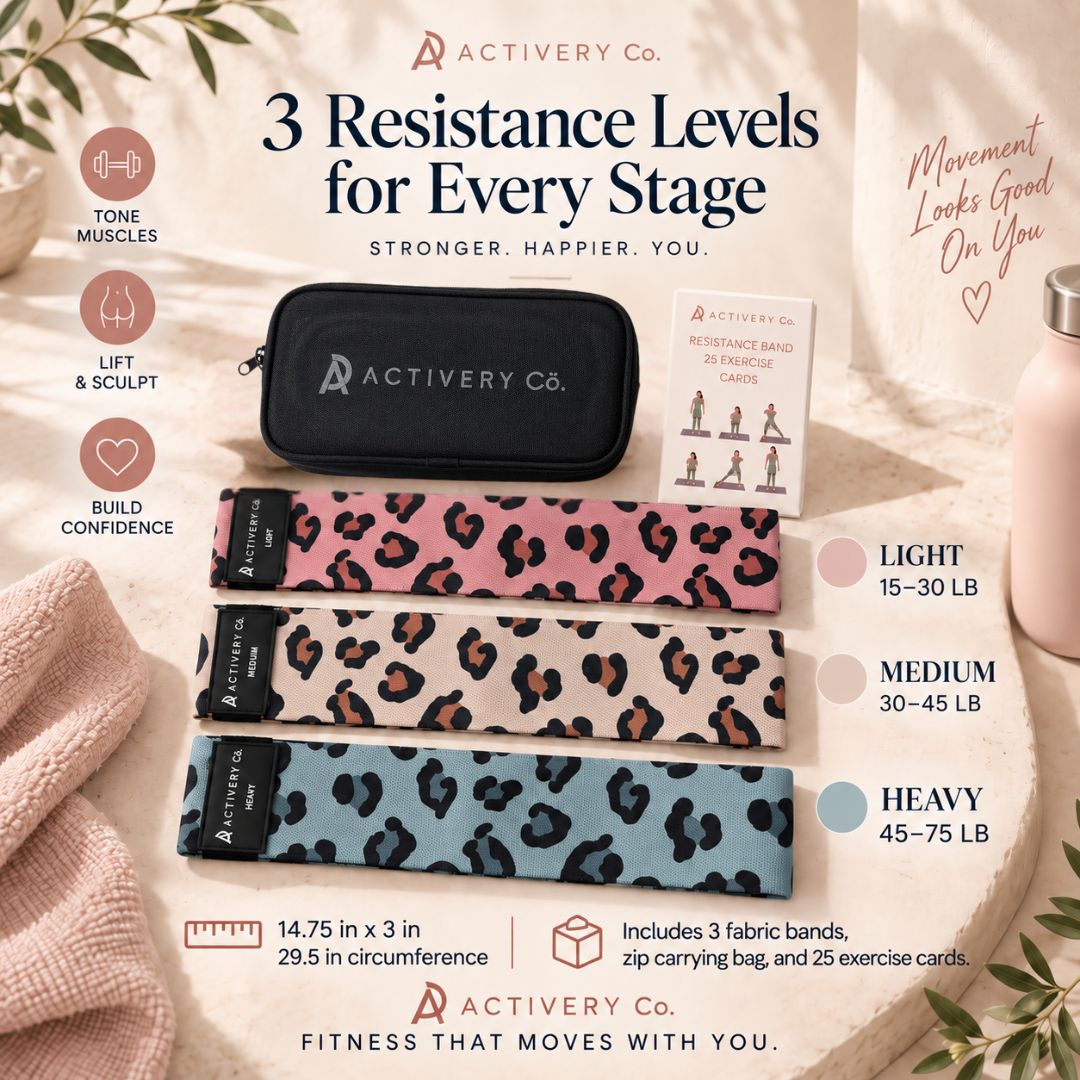 Leopard Print Resistance Bands Set: 3-Piece Fabric Bands + 25 Exercise Cards