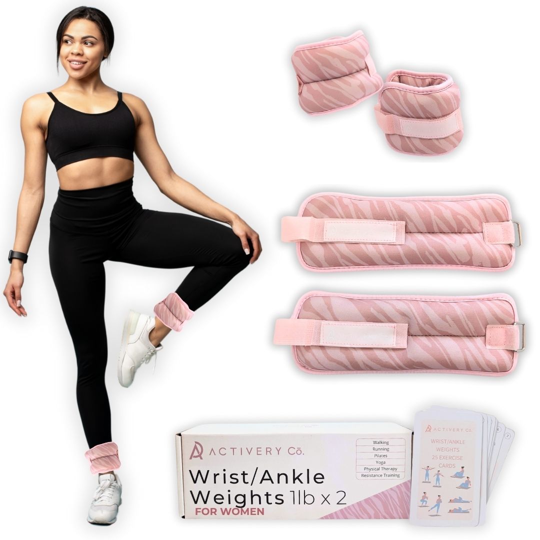 Pink Zebra Wrist & Ankle Weights – 1LB Each + 25 Exercise Cards