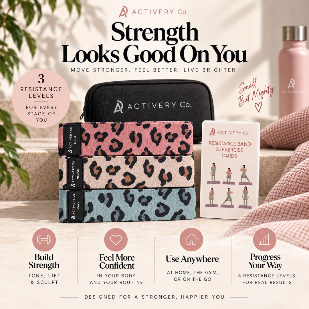 Leopard Print Resistance Bands Set: 3-Piece Fabric Bands + 25 Exercise Cards