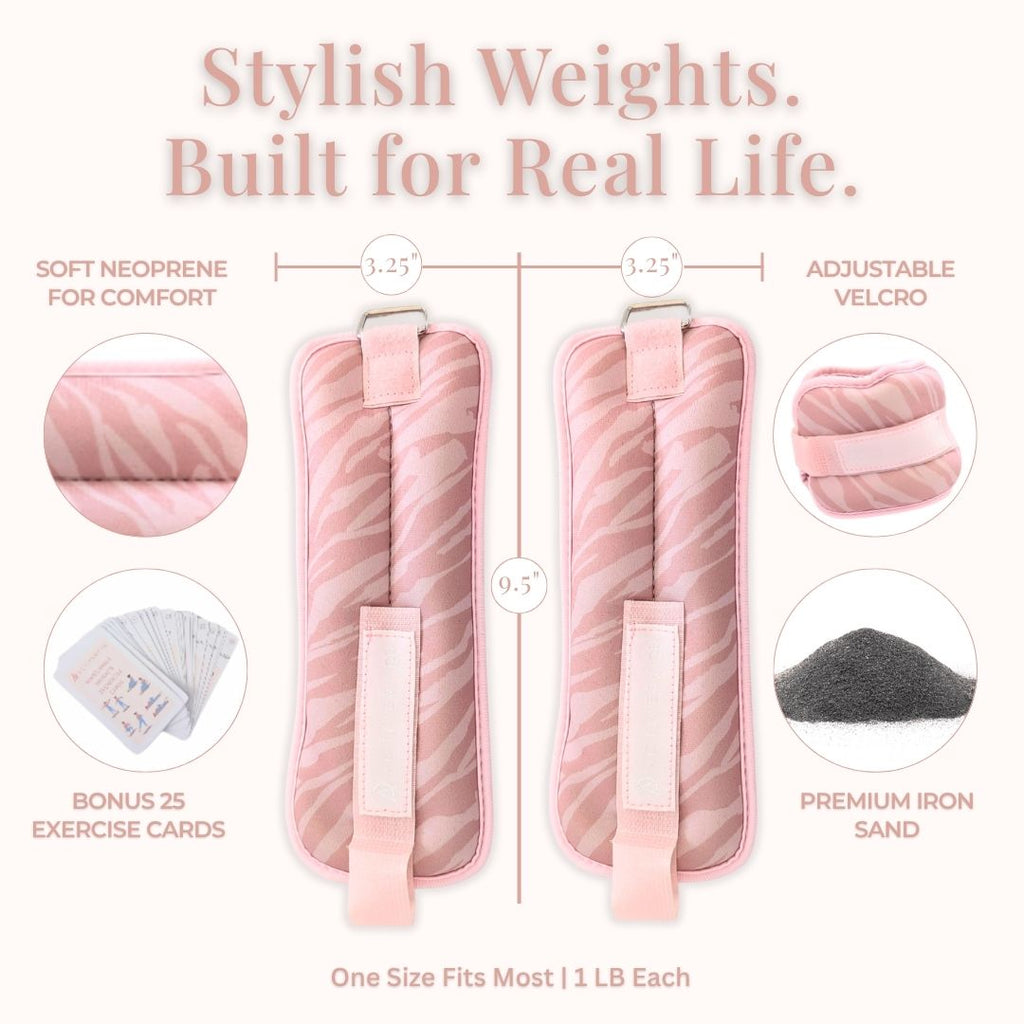 Pink Zebra Wrist & Ankle Weights – 1LB Each + 25 Exercise Cards
