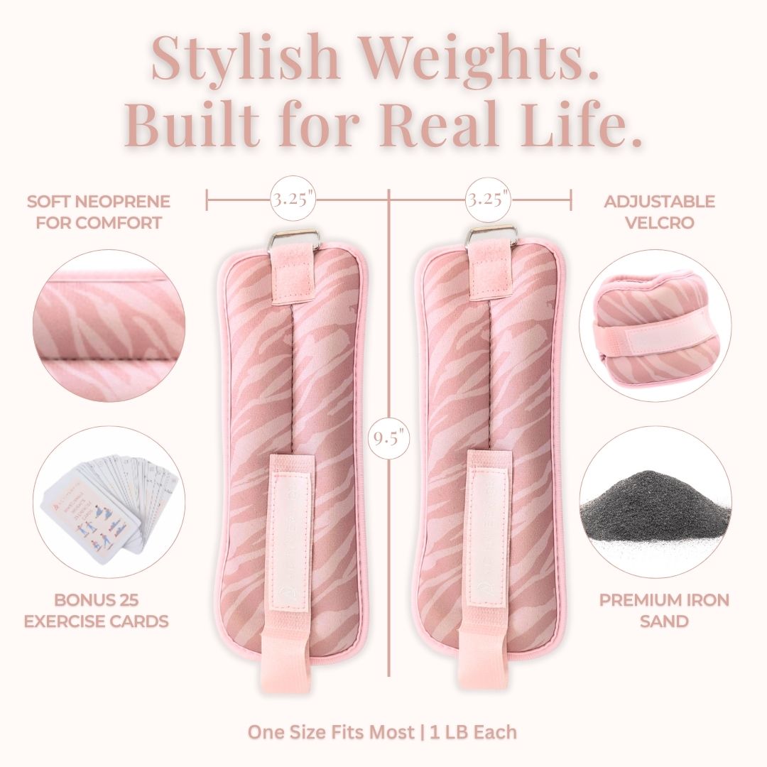 Pink Zebra Wrist & Ankle Weights – 1LB Each + 25 Exercise Cards