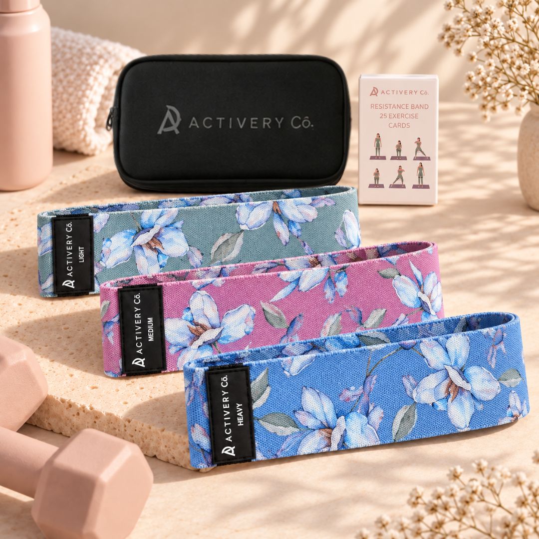 Floral Resistance Bands Set: 3-Piece Fabric Bands + 25 Exercise Cards