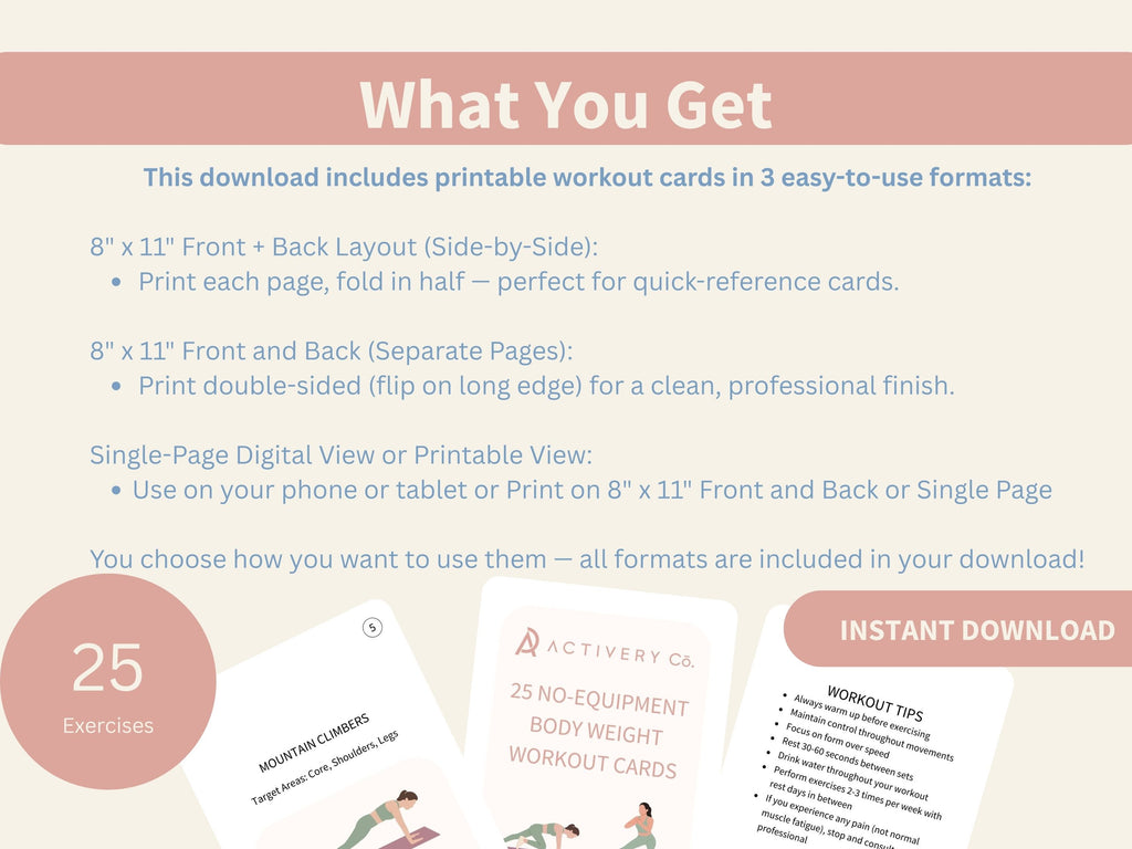 25 Bodyweight/ No Equipment Workout Exercise Cards