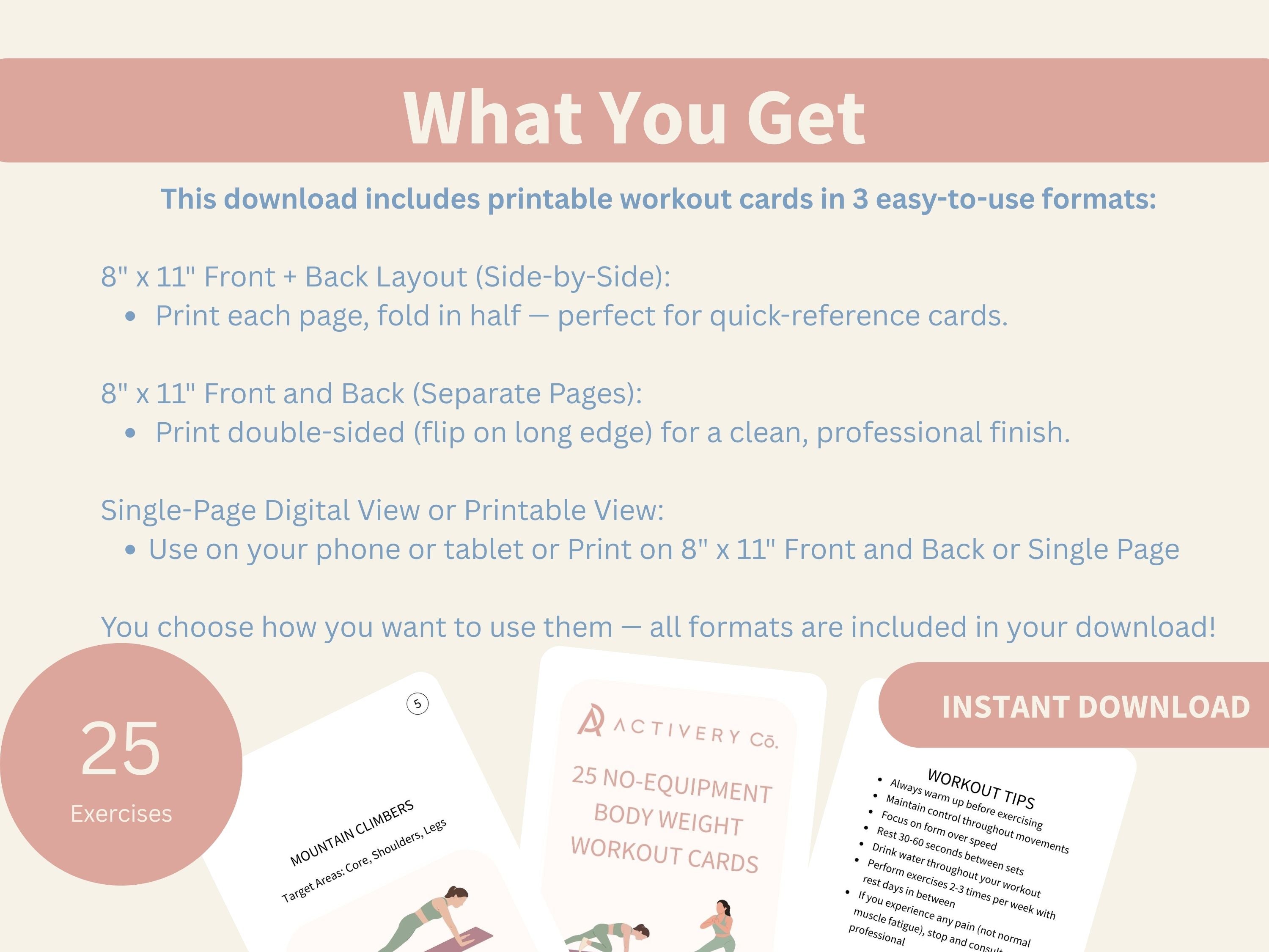 25 Bodyweight/ No Equipment Workout Exercise Cards