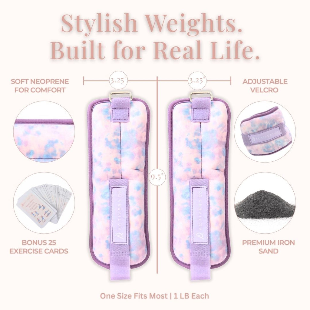 Purple Tie-Dye Wrist & Ankle Weights – 1LB Each + 25 Exercise Cards