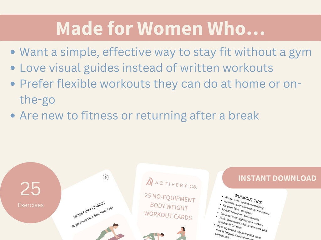 25 Bodyweight/ No Equipment Workout Exercise Cards