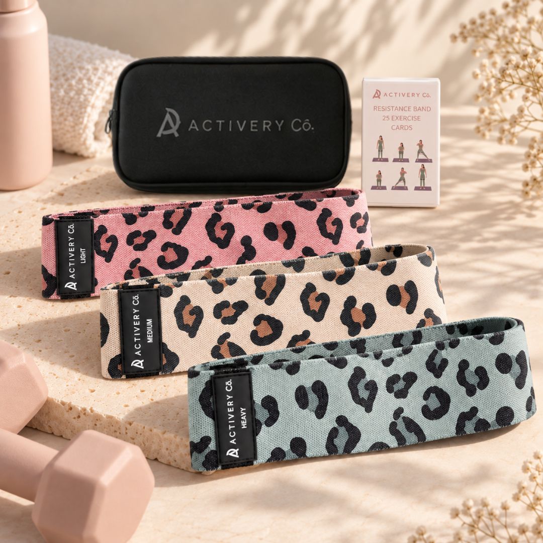 Leopard Print Resistance Bands Set: 3-Piece Fabric Bands + 25 Exercise Cards