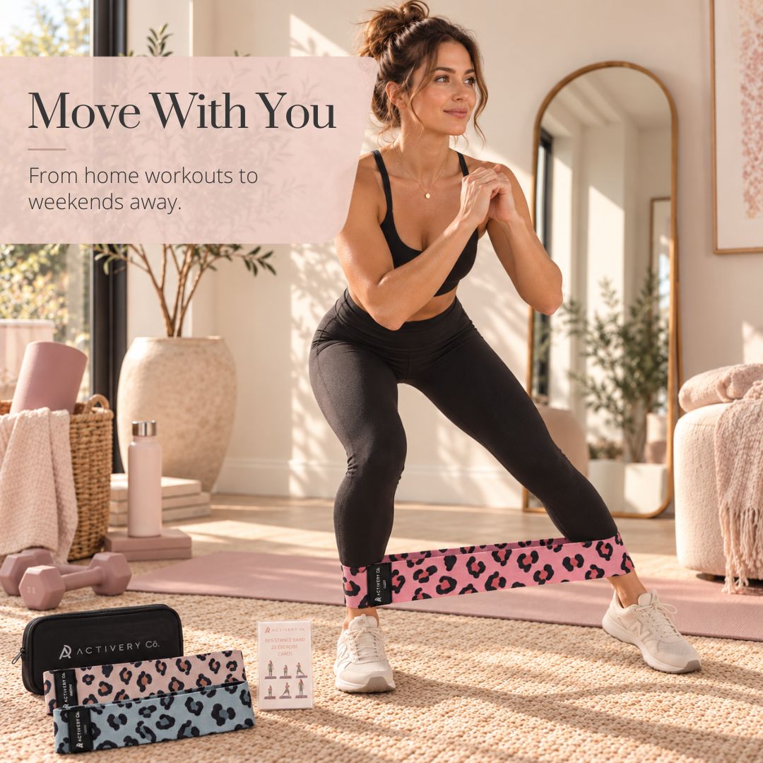 Leopard Print Resistance Bands Set: 3-Piece Fabric Bands + 25 Exercise Cards