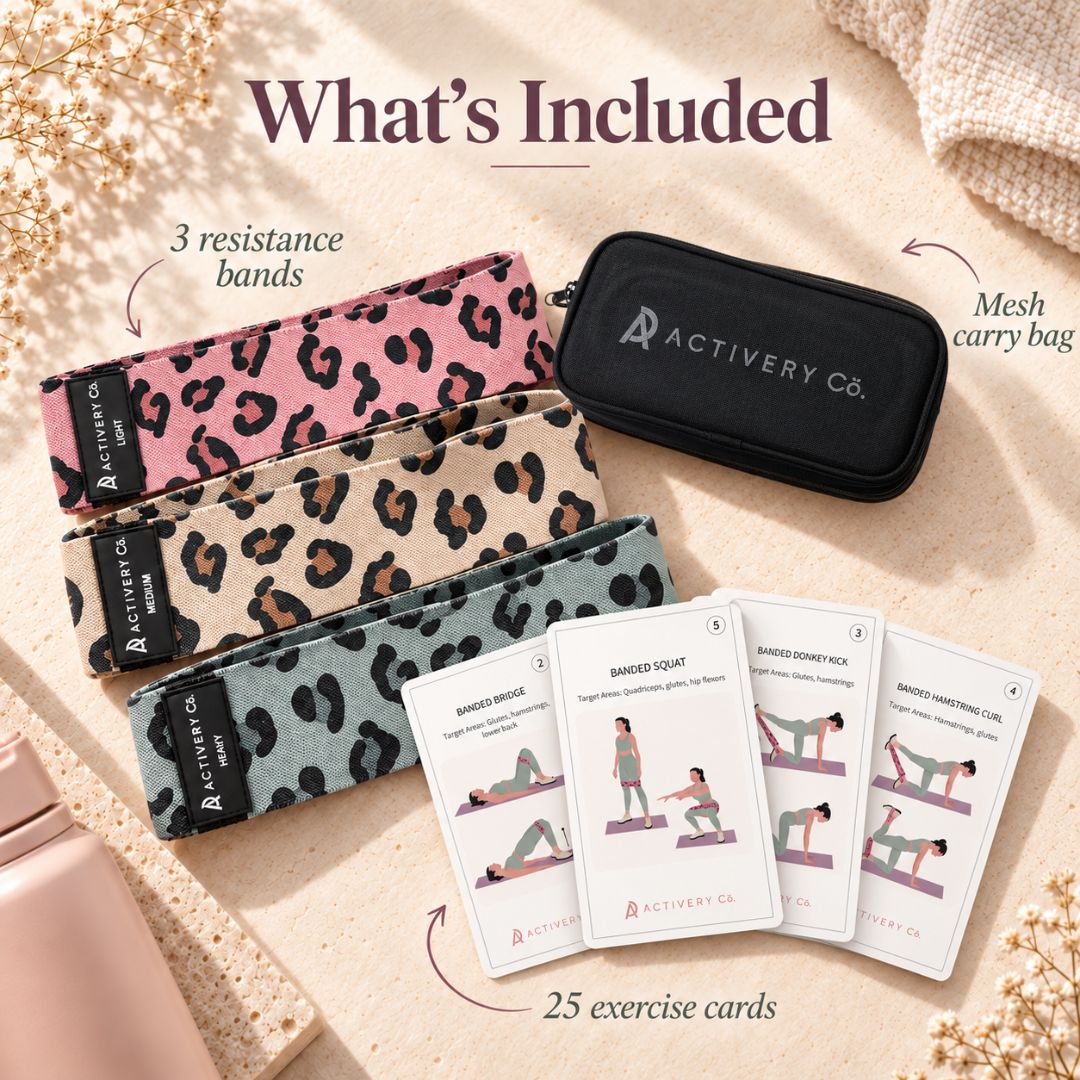 Leopard Print Resistance Bands Set: 3-Piece Fabric Bands + 25 Exercise Cards