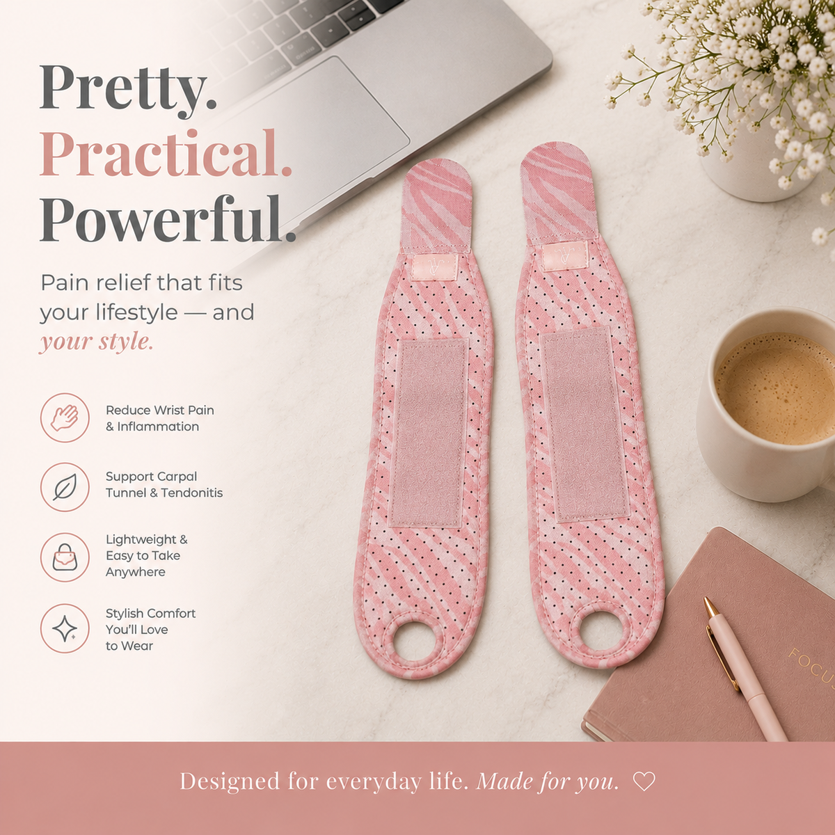 Pink Zebra Wrist Brace for Women 2-pack