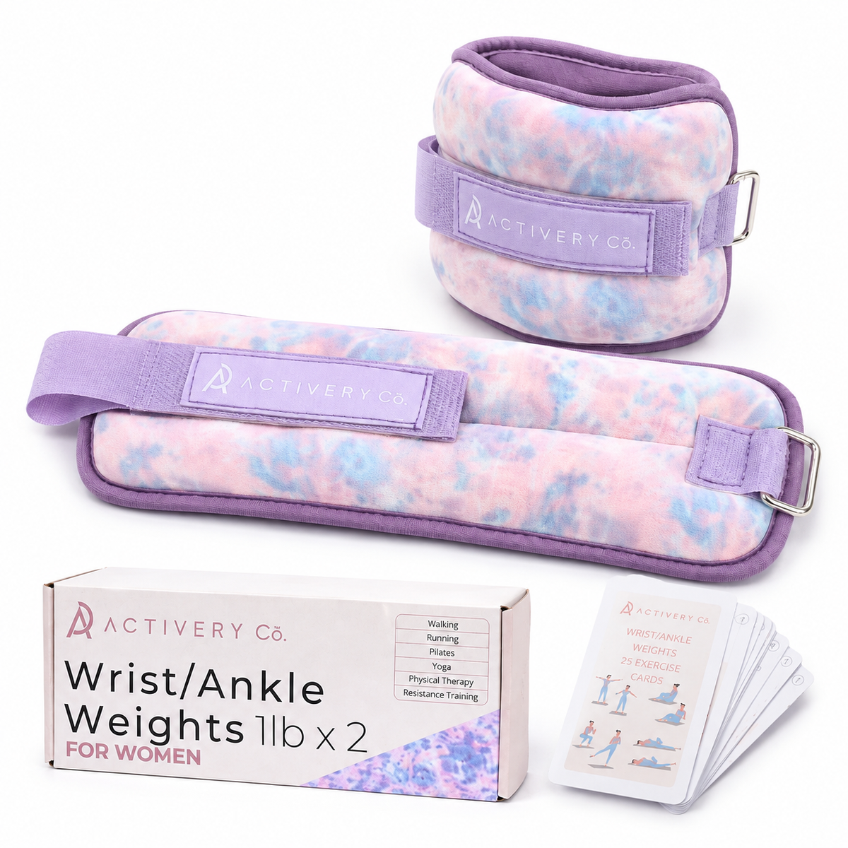 Purple Tie-Dye Wrist & Ankle Weights – 1LB Each + 25 Exercise Cards