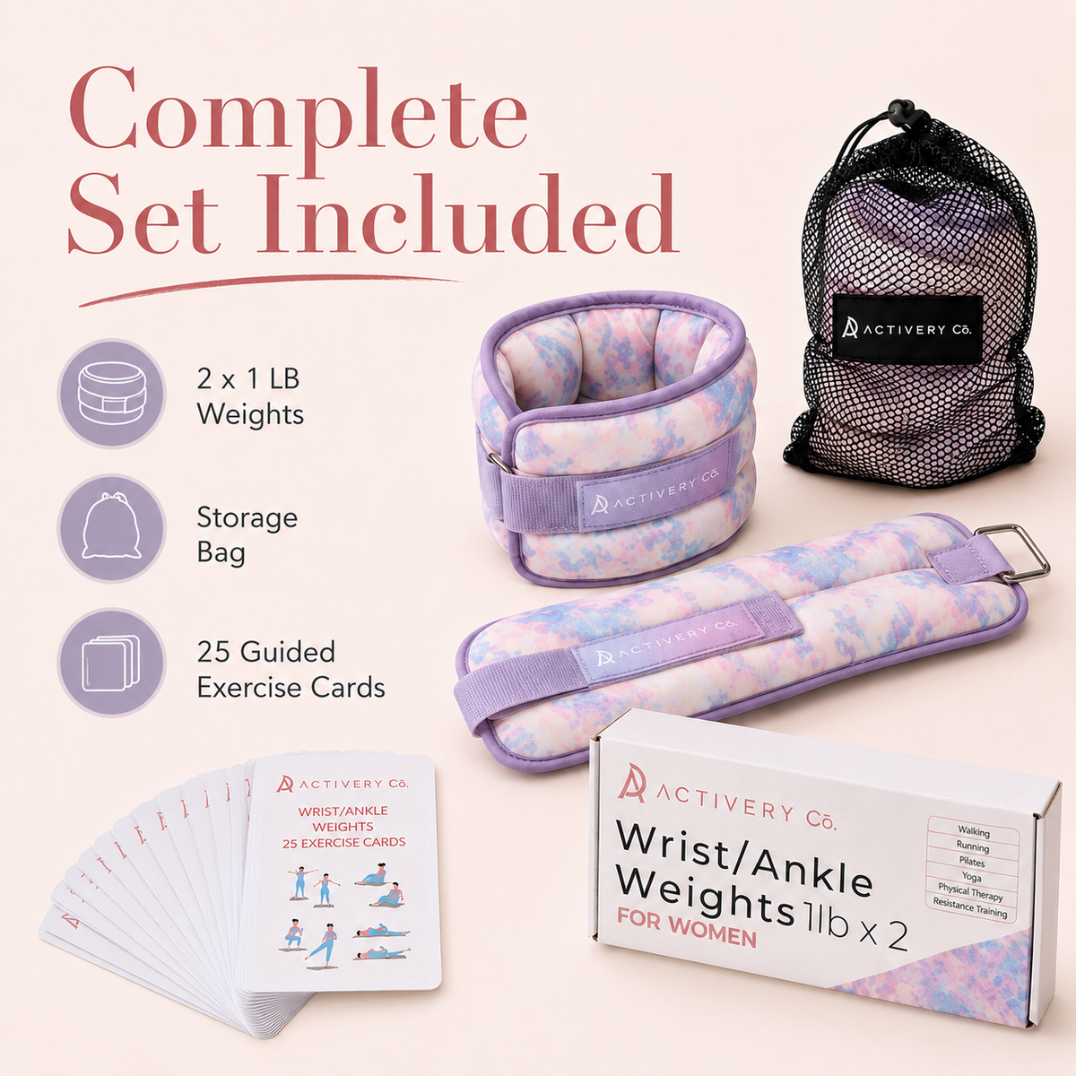 Purple Tie-Dye Wrist & Ankle Weights – 1LB Each + 25 Exercise Cards