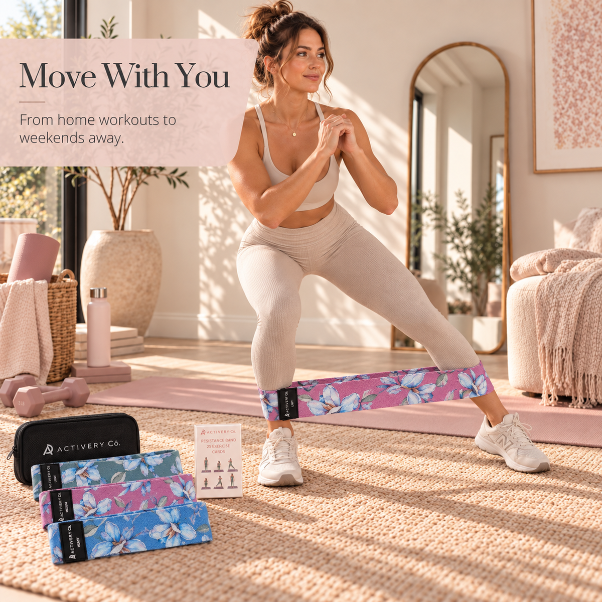 Floral Resistance Bands Set: 3-Piece Fabric Bands + 25 Exercise Cards