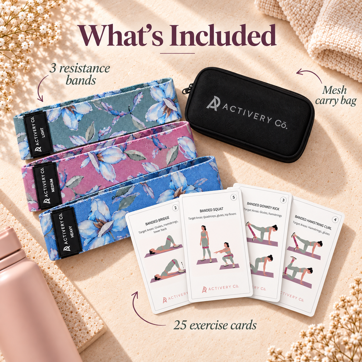 Floral Resistance Bands Set: 3-Piece Fabric Bands + 25 Exercise Cards