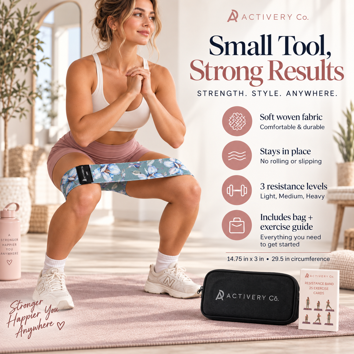 Floral Resistance Bands Set: 3-Piece Fabric Bands + 25 Exercise Cards