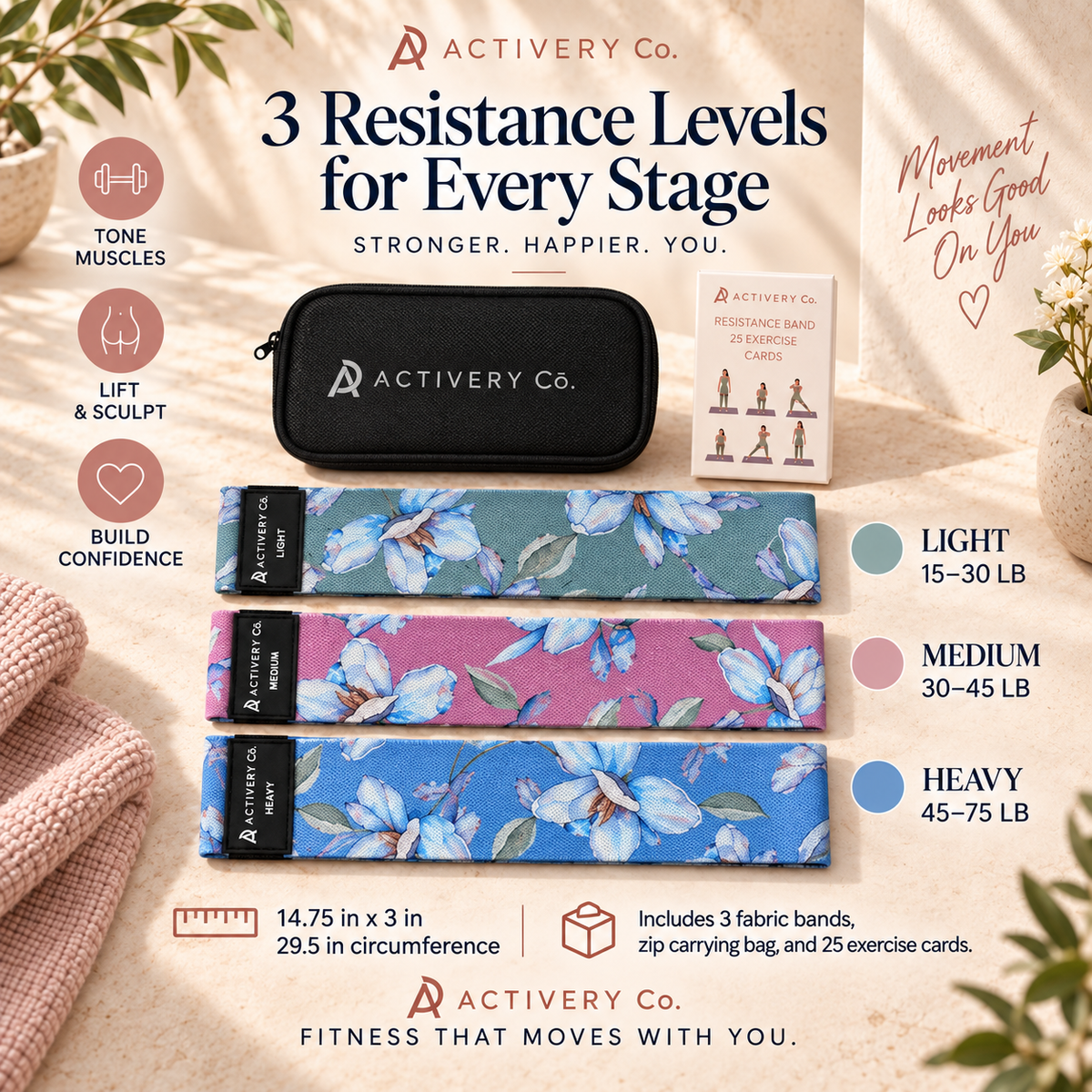 Floral Resistance Bands Set: 3-Piece Fabric Bands + 25 Exercise Cards