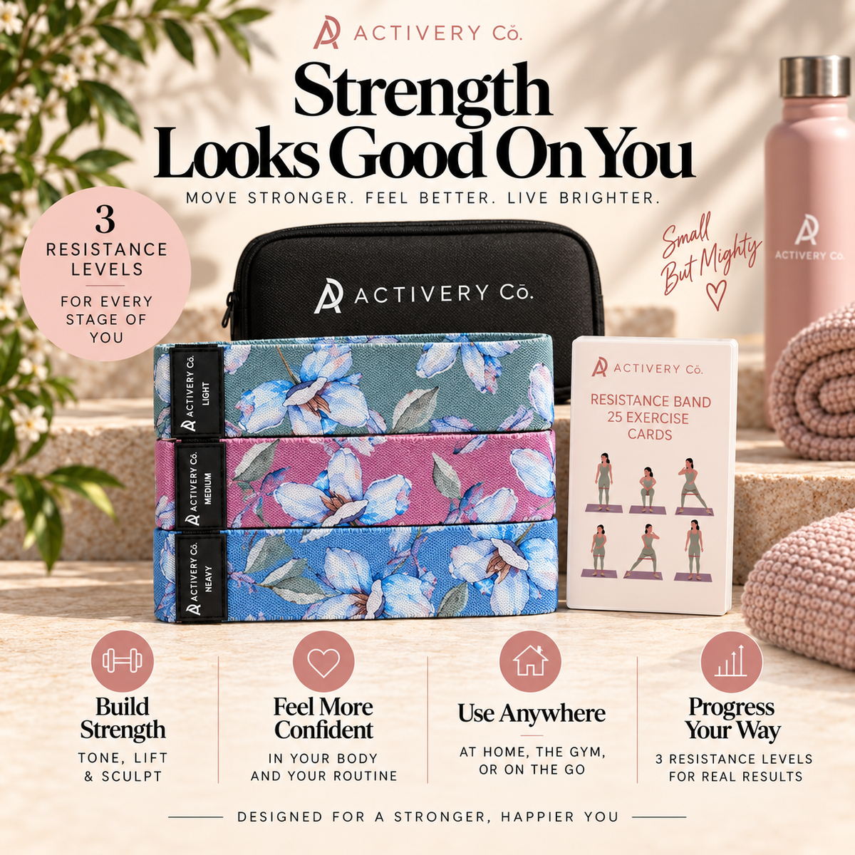 Floral Resistance Bands Set: 3-Piece Fabric Bands + 25 Exercise Cards