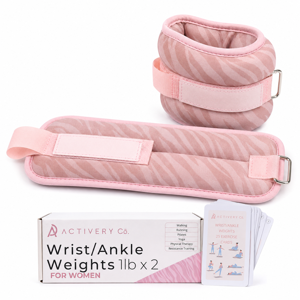 Pink Zebra Wrist & Ankle Weights – 1LB Each + 25 Exercise Cards