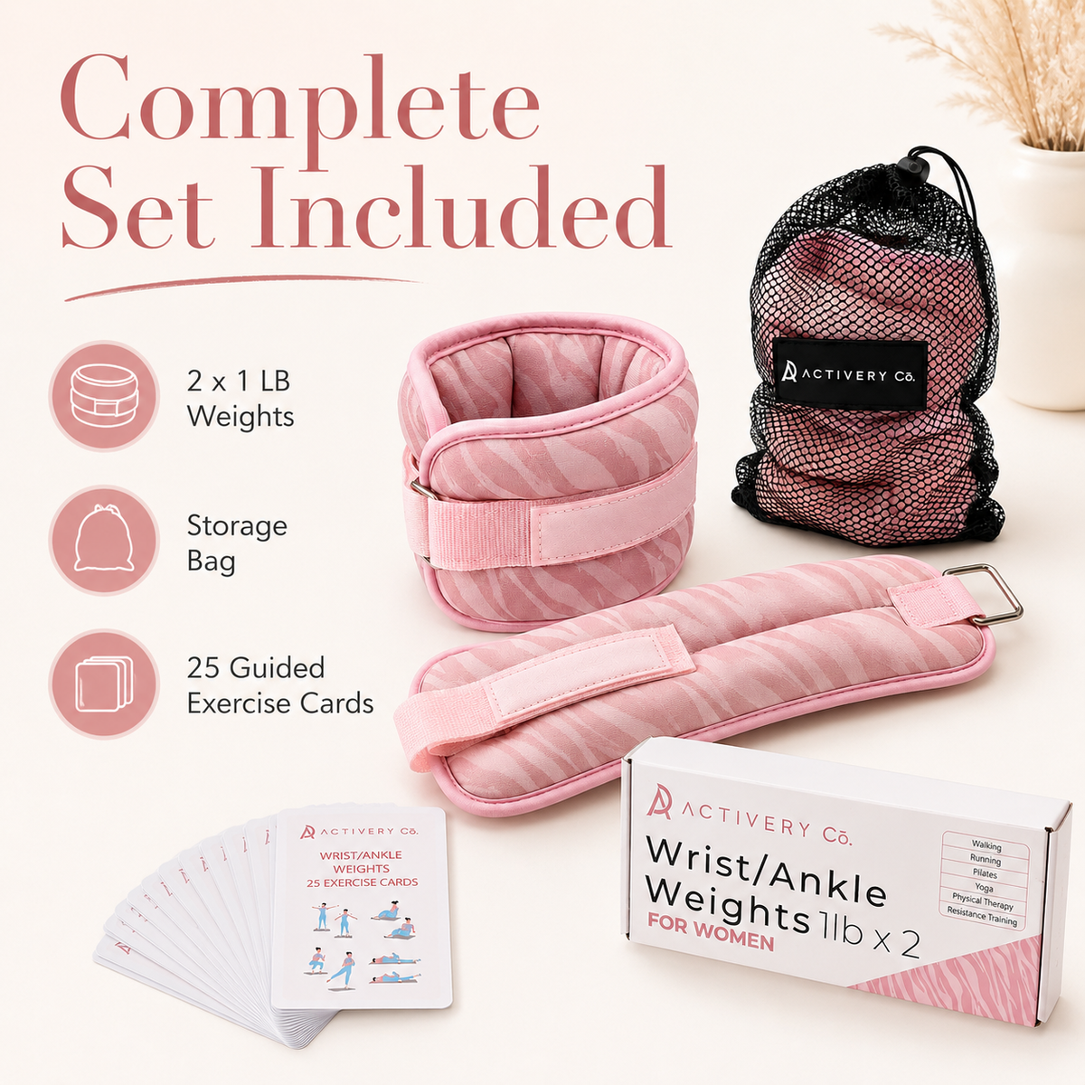 Pink Zebra Wrist & Ankle Weights – 1LB Each + 25 Exercise Cards