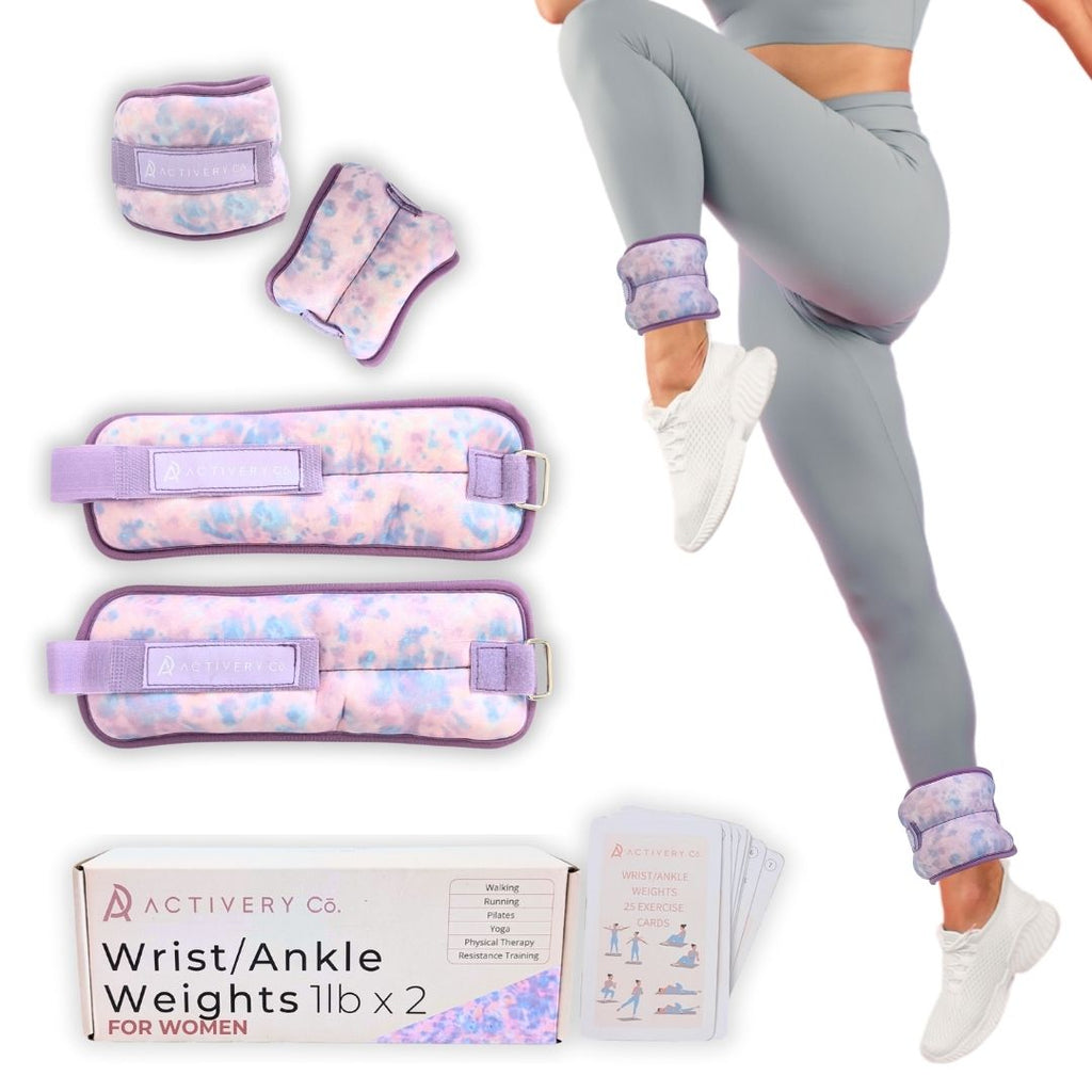 Purple Tie-Dye Wrist & Ankle Weights – 1LB Each + 25 Exercise Cards