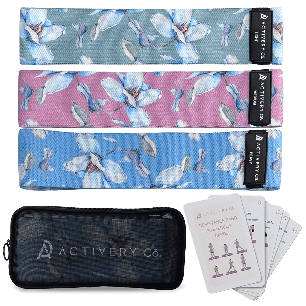 Floral Resistance Bands Set: 3-Piece Fabric Booty Bands + 25 Exercise Cards
