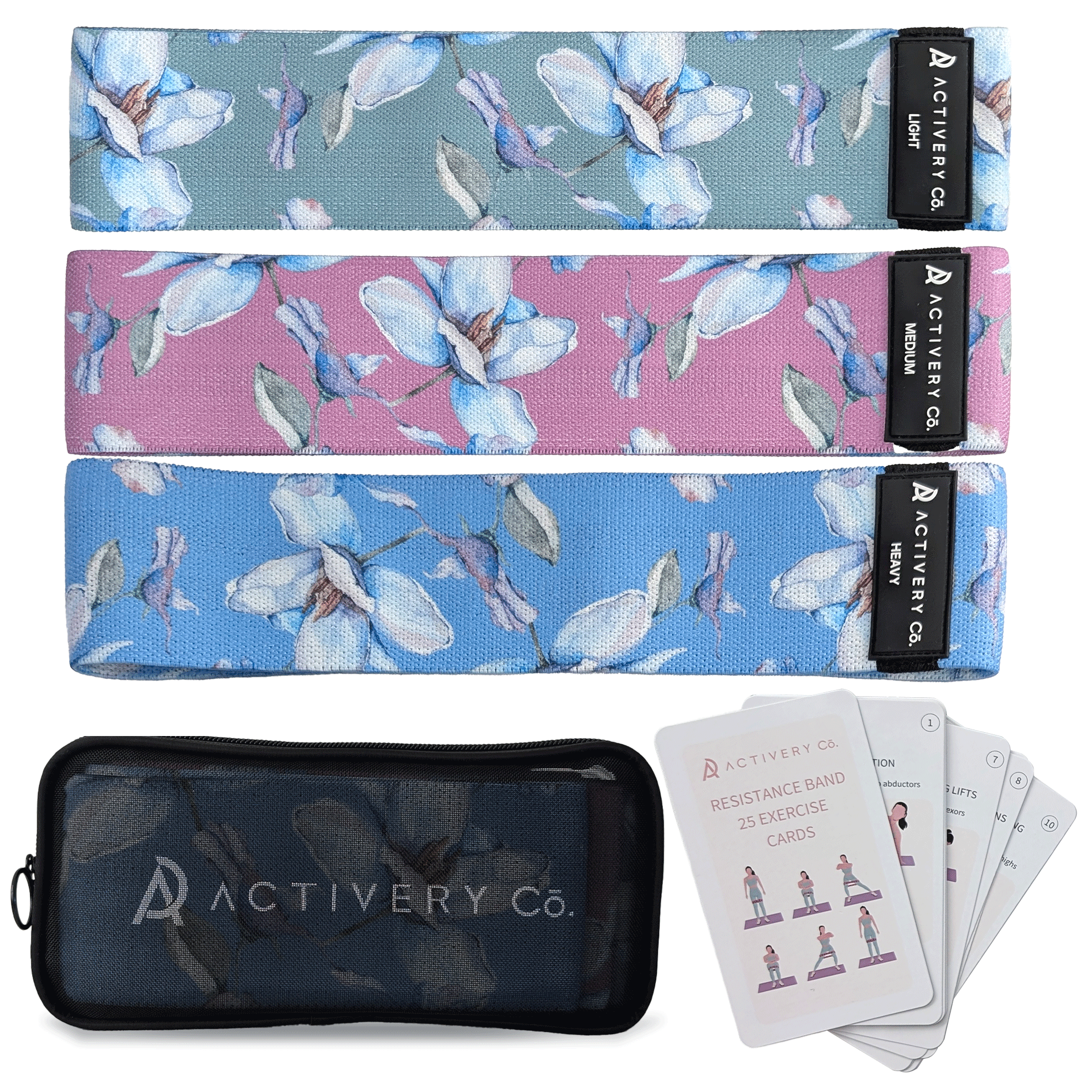 Floral Resistance Bands Set: 3-Piece Fabric Booty Bands + 25 Exercise Cards