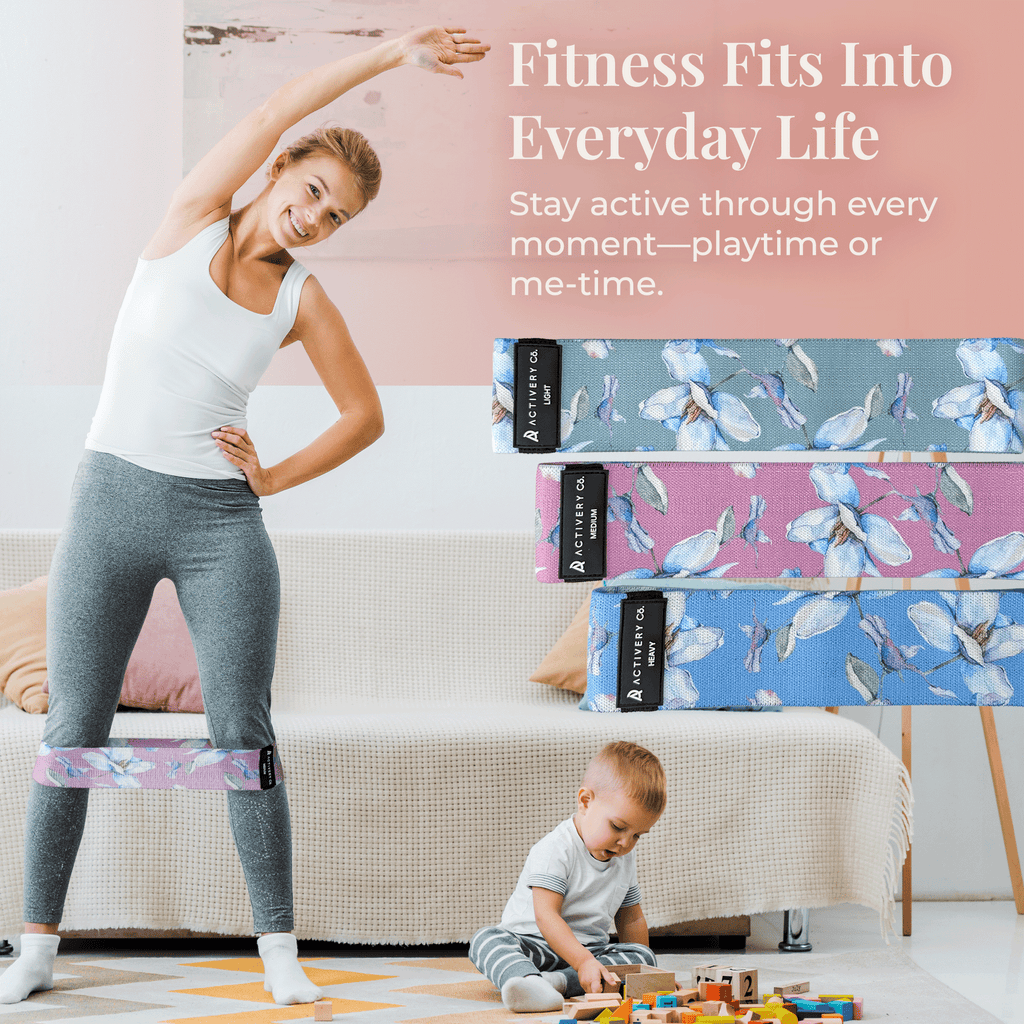 Floral Resistance Bands Set: 3-Piece Fabric Booty Bands + 25 Exercise Cards