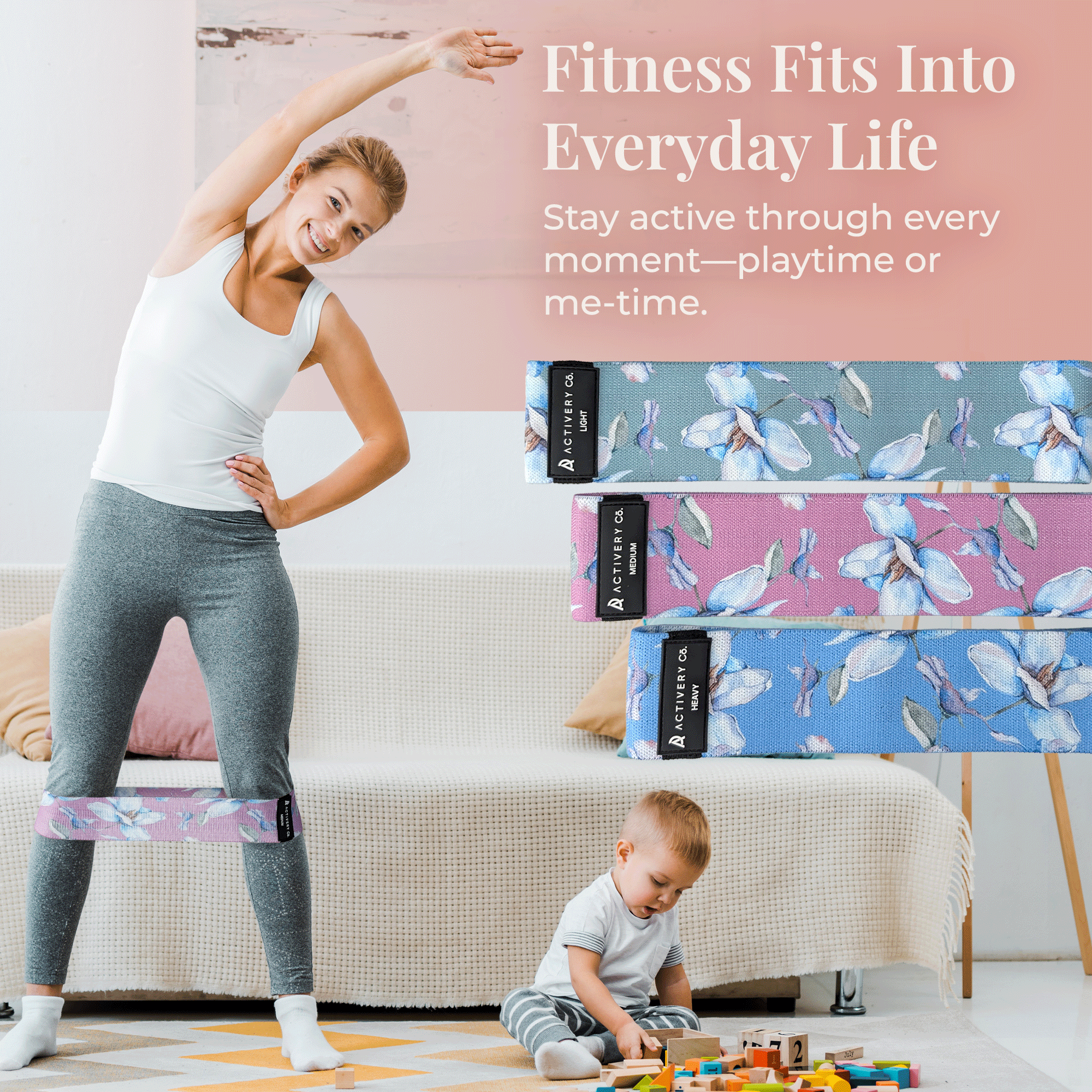 Floral Resistance Bands Set: 3-Piece Fabric Booty Bands + 25 Exercise Cards