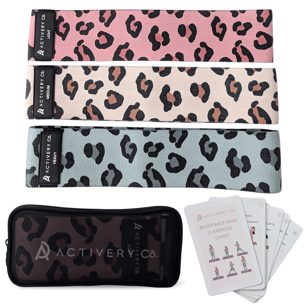 Leopard Print Resistance Bands Set: 3-Piece Fabric Booty Bands + 25 Exercise Cards