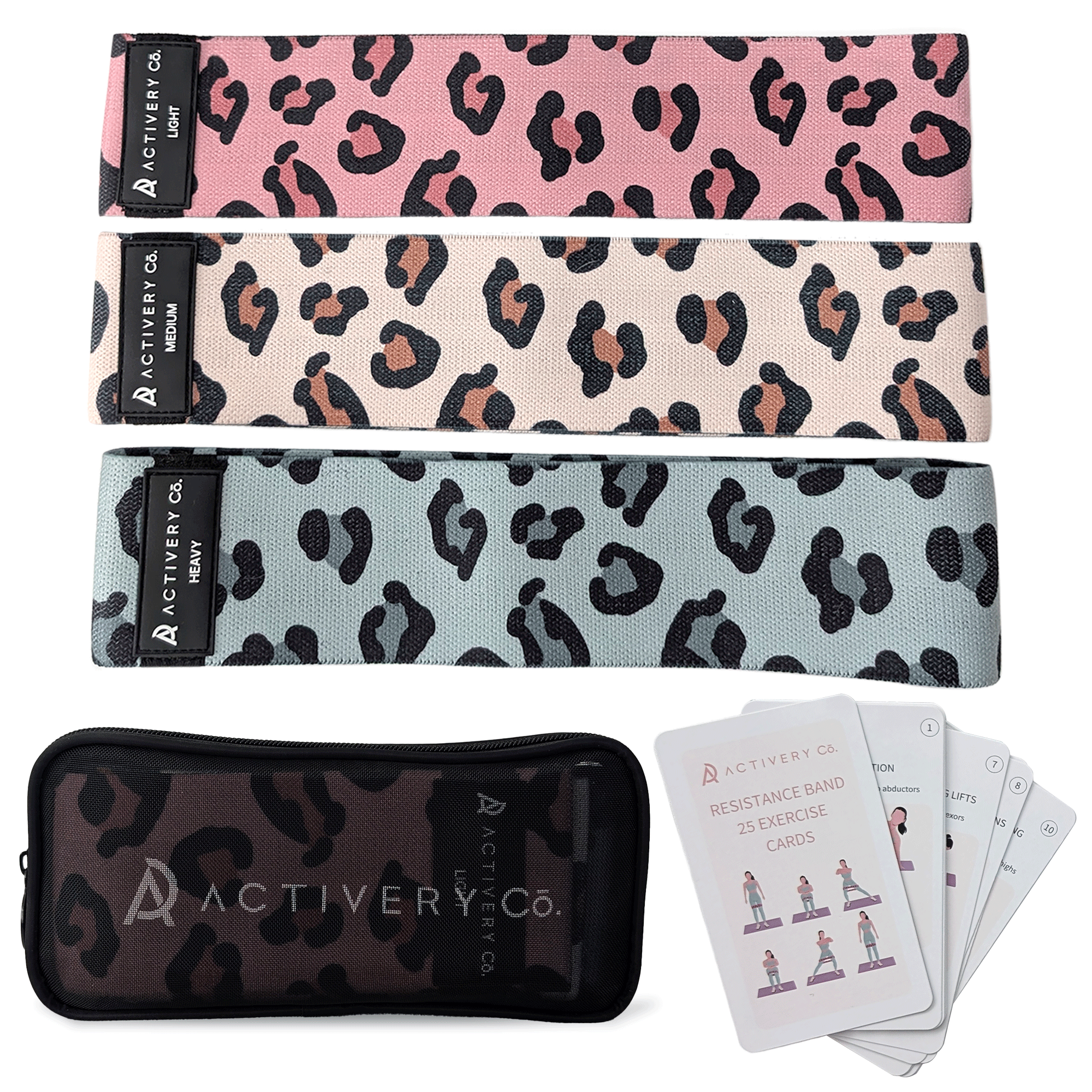 Leopard Print Resistance Bands Set: 3-Piece Fabric Booty Bands + 25 Exercise Cards