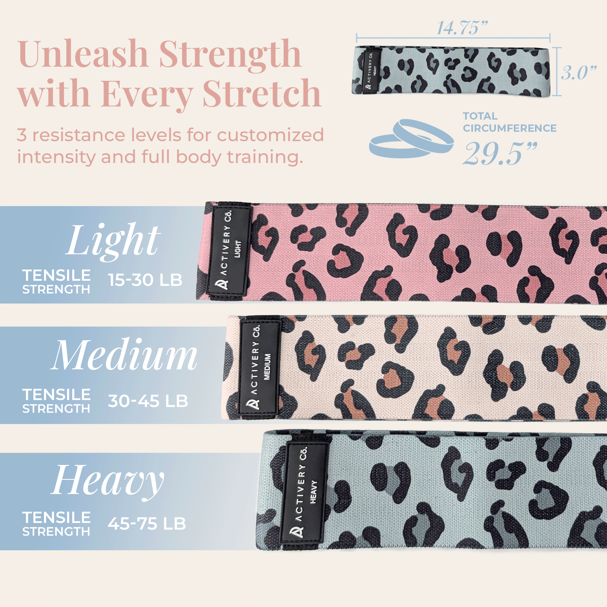 Leopard Print Resistance Bands Set: 3-Piece Fabric Booty Bands + 25 Exercise Cards