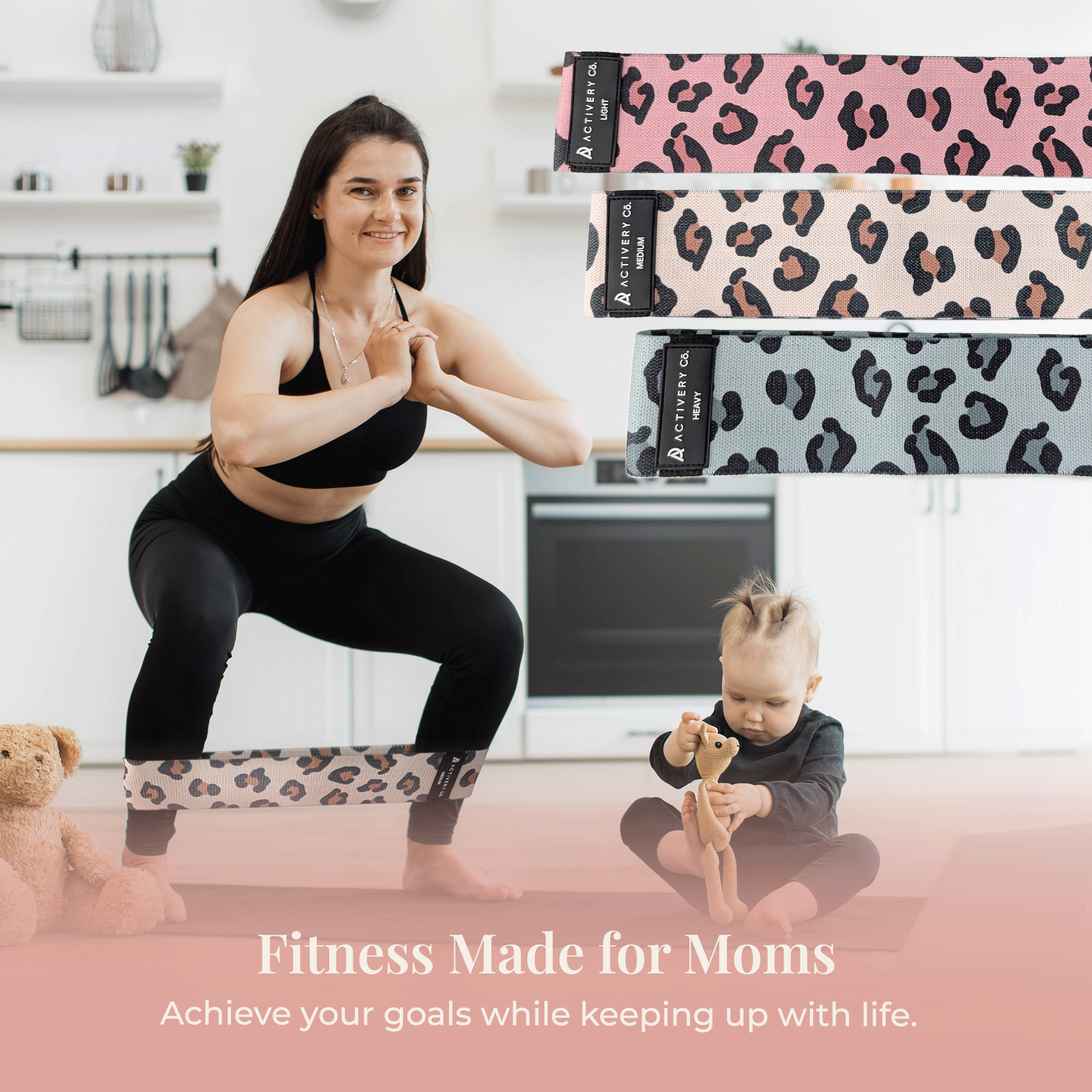 Leopard Print Resistance Bands Set: 3-Piece Fabric Booty Bands + 25 Exercise Cards
